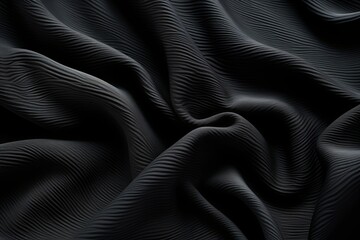 Black linen fabric with abstract wavy pattern. Background and texture for design, banner, poster or packaging textile product. Closeup. with copy space for photo text or product, blank empty copyspace