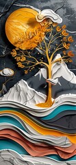 3d modern art mural wallpaper with Drawing modern Landscape art 3d mural wallpaper. leaves tree, golden lines, dark Gray sun and mountain, colorful marble background, Generative AI