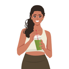 Beautiful Smiling Woman Drinking Green Detox Vegetable Smoothie. Wearing sports wear. Flat vector illustration isolated on white background