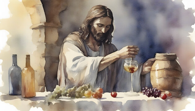 Watercolor painting of Jesus Christ turning Water Into Wine.