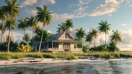 A charming coastal cottage with weathered clapboard siding and a wrap-around porch, nestled amidst swaying palm trees and sandy shores, 