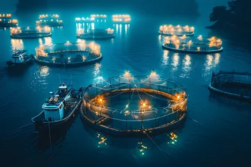 Foto op Plexiglas A bustling fish farm with rows of tanks teeming with aquatic life, showcasing aquaculture in action amidst a thriving ecosystem © Evhen Pylypchuk