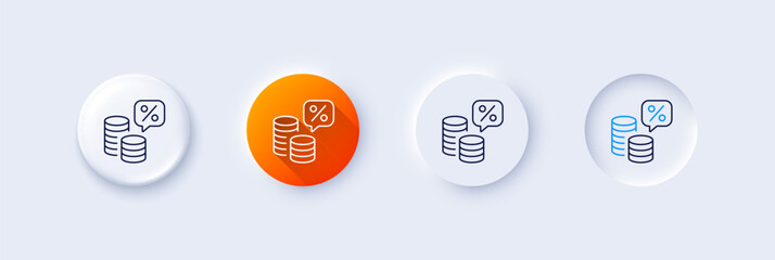 Money tax line icon. Neumorphic, Orange gradient, 3d pin buttons. Cash tax rate sign. Financial interest symbol. Line icons. Neumorphic buttons with outline signs. Vector