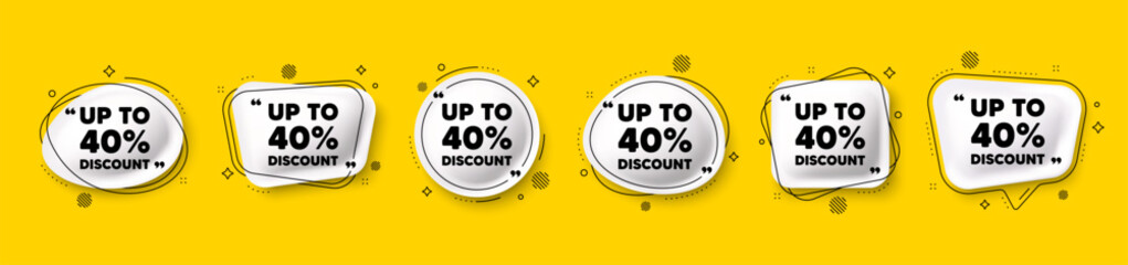 Naklejka premium Up to 40 percent discount. Speech bubble 3d icons set. Sale offer price sign. Special offer symbol. Save 40 percentages. Discount tag chat talk message. Speech bubble banners with comma. Vector