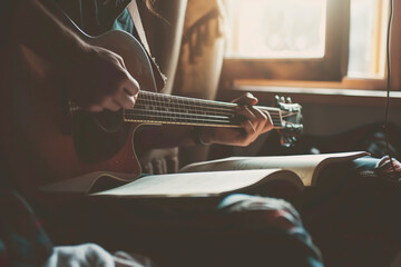 Songwriter or musician composing new songs and lyrics while sitting with his guitar and book, writing chords. Shallow field of view.