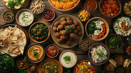 Middle eastern or arabic dishes and assorted meze, concrete rustic background, Meat kebab, falafel,...