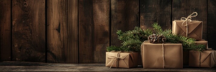 Three beautifully wrapped Christmas gifts adorned with pine branches and pinecones against a rustic wooden background