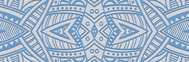 Banner. Relief geometric old blue 3D pattern on a white background. Ornamental ethnic cover design, handmade. Creative boho motifs of the East, Asia, India, Mexico, Aztec, Peru.
