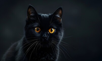 Black cat with yellow eyes on black background, Generative AI 