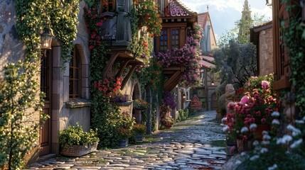 Fototapeta na wymiar A charming cobblestone alleyway winding through a historic European village, its quaint architecture and flower-bedecked balconies evoking the timeless allure of a bygone era, 