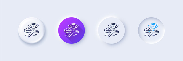 Airplane wifi line icon. Neumorphic, Purple gradient, 3d pin buttons. Aircraft wi-fi sign. Inflight internet symbol. Line icons. Neumorphic buttons with outline signs. Vector