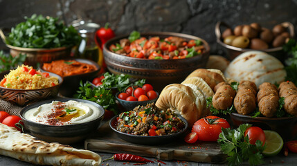 Middle eastern or arabic dishes and assorted meze, concrete rustic background, Meat kebab, falafel,...