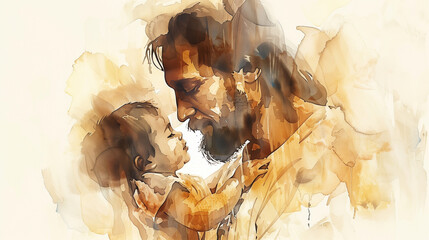 The Savior's Loving Embrace - Jesus Comforts a Little One, watercolor, minimal 