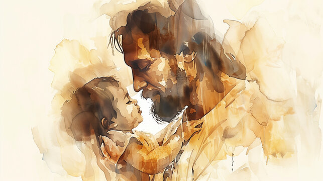 The Savior's Loving Embrace - Jesus Comforts a Little One, watercolor, minimal 