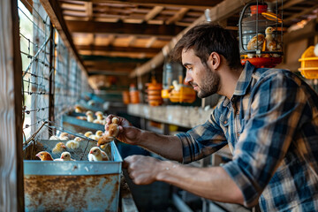 farmer caring for chicks in a rustic farm setting