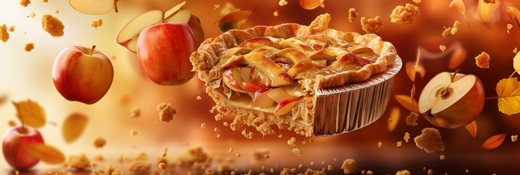 Dynamic image of an apple pie with ingredients floating in mid-air against an autumn-colored backdrop