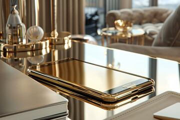 A gold cell phone sits on a desk next to a laptop