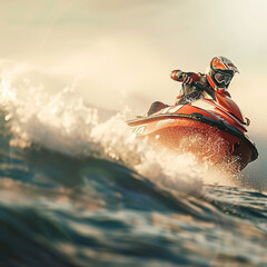Fototapeta premium A man is riding a red water jet ski on a wave