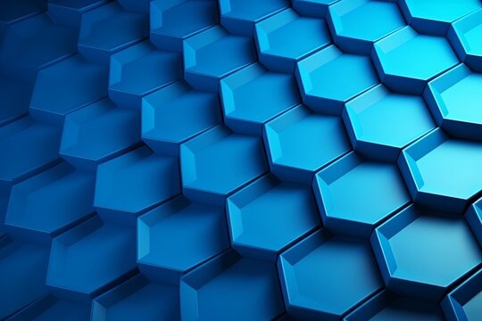 Blue background with hexagon pattern, 3D rendering illustration. Abstract blue wallpaper design for banner, poster or cover with copy space for photo text or product, blank empty copyspace.