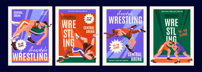 Advertising posters of freestyle wrestling competition, sport event set. Professional wrestlers raise, throw opponent during fight. Greco roman fighters, athletes battle. Flat vector illustration