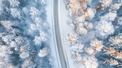Winter landscape with road and forest seen from above