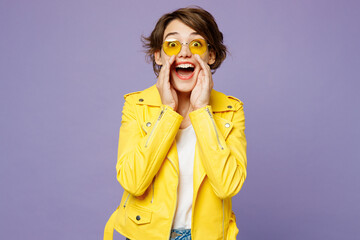 Young woman wears yellow shirt white t-shirt casual clothes glasses scream sharing hot news about...