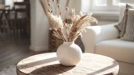 Fototapeta na wymiar A meticulously curated arrangement on a wooden table features a white ceramic vase filled with dry spikelets, embodying the essence of understated elegance in modern interior design.