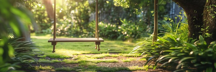 An idyllic wooden swing hangs from a tree, bathed in the golden light of the sun in a lush, verdant garden