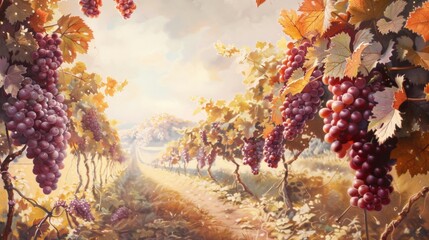 Vineyard scene with grapes and leaves