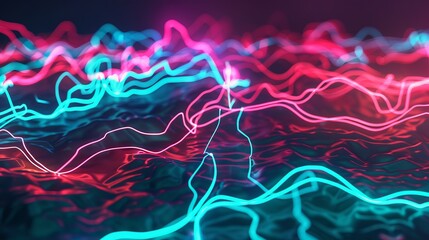 Vibrant neon lights in abstract pattern. An array of vivid neon lights converge in the center, creating a dynamic abstract display ideal for modern and energetic concepts - obrazy, fototapety, plakaty