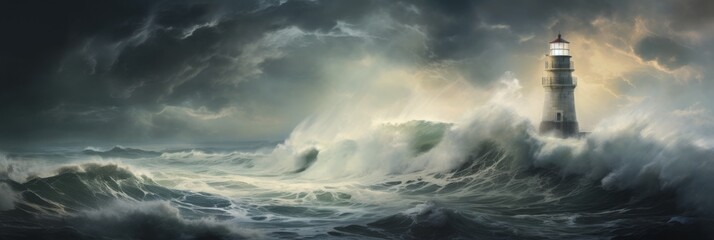 Seascape With Lighthouse In Storm And Turbulent Ocean Waves. Generative AI - obrazy, fototapety, plakaty