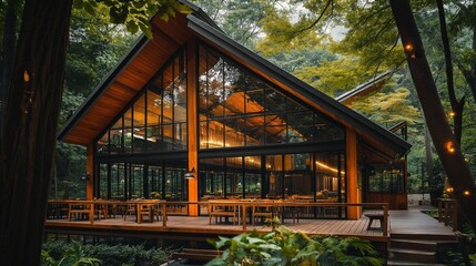A Restaurant With A Huge Wooden Deck In The Forest.