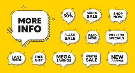Obraz premium Offer speech bubble icons. More info tag. Navigation sign. Read description symbol. More info chat offer. Speech bubble discount banner. Text box balloon. Vector