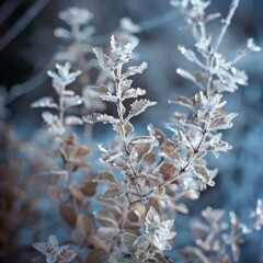 A close up of a branch covered in frost and snow. The branch is covered in ice and snow, giving it a cold and wintry appearance. Concept of stillness and tranquility