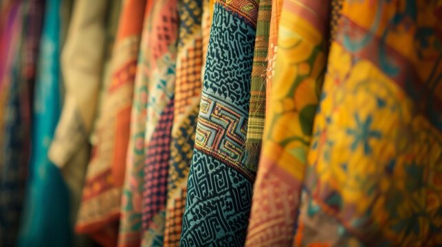 Soft blurred edges frame the patchwork of traditional textiles highlighting the unique patterns and textures as they hang in a defocused background. .