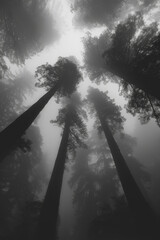 The towering majesty of redwood trees shrouded in thick fog, their trunks disappearing into the mist.  - obrazy, fototapety, plakaty