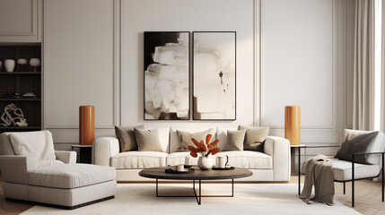 A cozy living room with a stylish poster frame enhancing the decor.