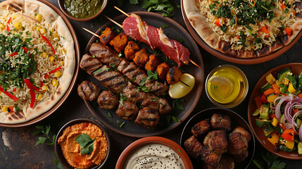 Middle eastern or arabic dishes and assorted meze on a dark background, Meat kebab, falafel, baba ghanoush, hummus, rice with vegetables, tahini, kibbeh, pita, Halal food, Space for text, Top view - obrazy, fototapety, plakaty