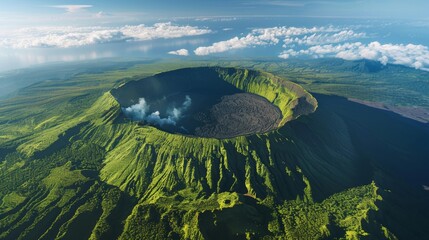 A breathtaking aerial view of an active volcano surrounded by lush green vegetation and a clear blue sky. - Powered by Adobe
