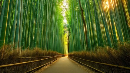 A pathway through a bamboo forest, with the tall, slender stalks of bamboo creating a serene and peaceful atmosphere.