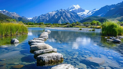 A pathway of stepping stones leading across a clear mountain stream, with the snow-capped peaks of the mountains in the background.
