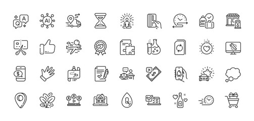 Bell alert, Filling station and Love award line icons pack. AI, Question and Answer, Map pin icons. Monitor repair, Fast delivery, Chemistry flask web icon. Vector - obrazy, fototapety, plakaty