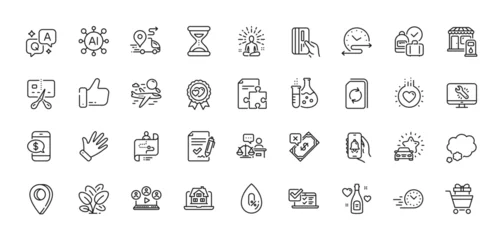  Bell alert, Filling station and Love award line icons pack. AI, Question and Answer, Map pin icons. Monitor repair, Fast delivery, Chemistry flask web icon. Vector © blankstock