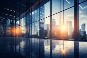 Fototapeta premium Empty office with glass windows and city view. 3D Rendering
