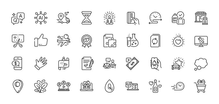 Fototapeta Bell alert, Filling station and Love award line icons pack. AI, Question and Answer, Map pin icons. Monitor repair, Fast delivery, Chemistry flask web icon. Vector