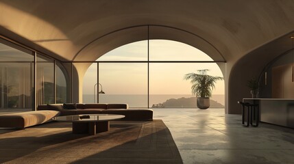 Obraz premium A Vertical Image Of A Modern Minimalist Living Room with Arch Wall Decor And Airy Arch Window.