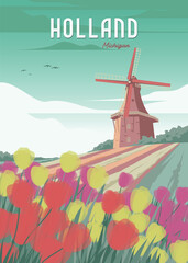 holland michigan travel poster illustration design, flower garden view with windmill in poster