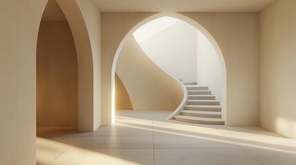 A Modern Minimalist Living Room Including A Staircase And Arch Wall Decoration.