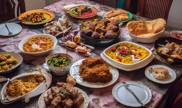 A vibrant Eid_ul  Asha feast table filled with a variety