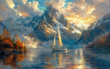 Oil painting texture ready for print: Sailing boat on the lake in golden sunlight on white snowy...